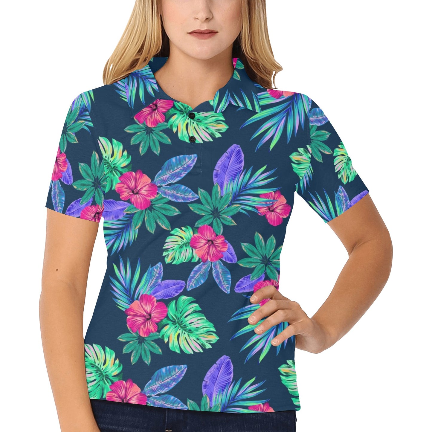 Tropical Flower Pattern Print Design TF09 Women's Polo Shirt