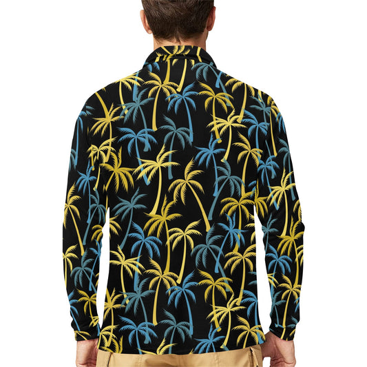 Palm Tree Pattern Long Sleeve Polo Shirt For Men's