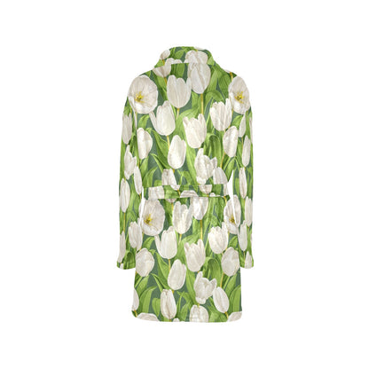 Tulip White Pattern Print Design TP05 Women's Fleece Robe