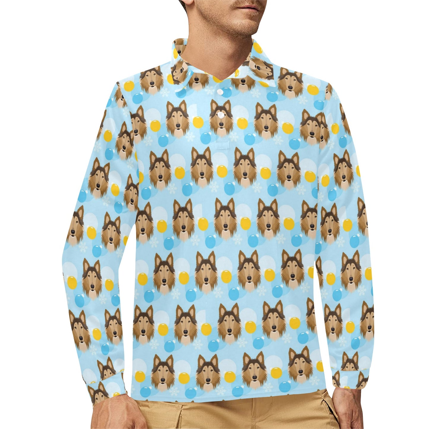 Collies Pattern Print Design 02 Long Sleeve Polo Shirt For Men's