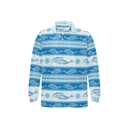 Dolphin Tribal Print Pattern Long Sleeve Polo Shirt For Men's