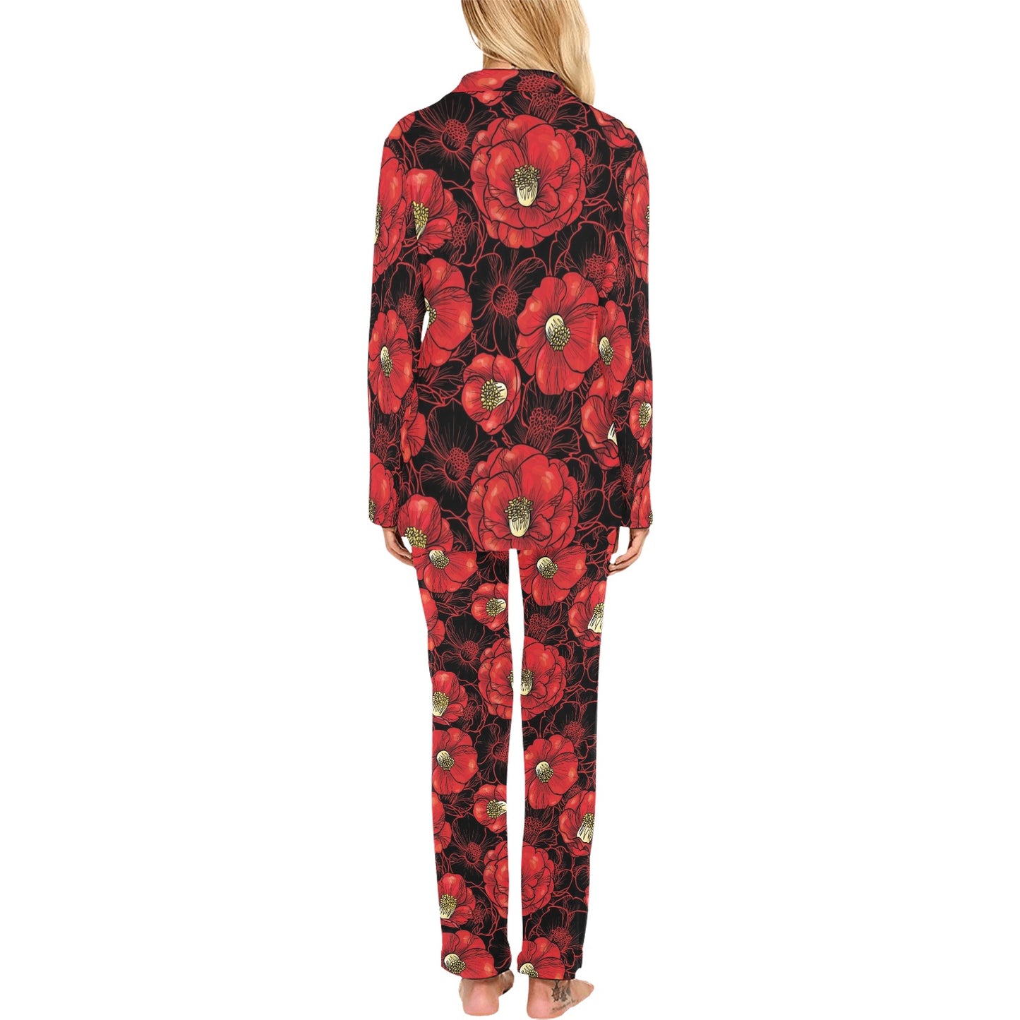 Camellia Pattern Print Design CM06 Women's Long Pajama Set