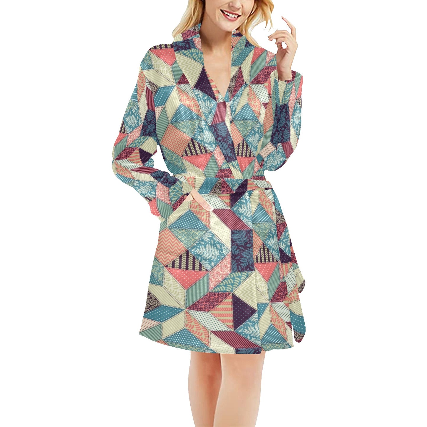 Patchwork Pattern Print Design 02 Women's Fleece Robe