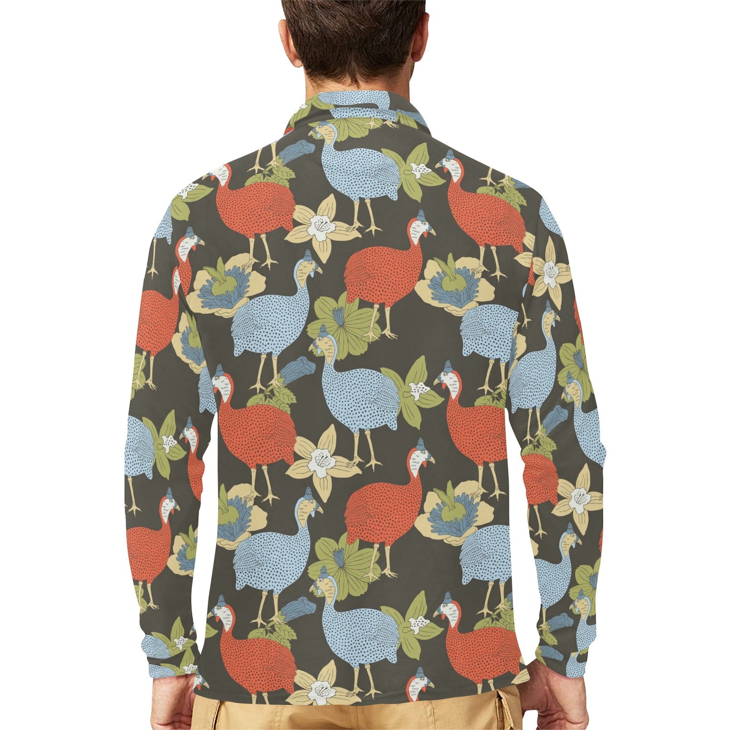 Guinea Fowl Pattern Print Design 02 Long Sleeve Polo Shirt For Men's