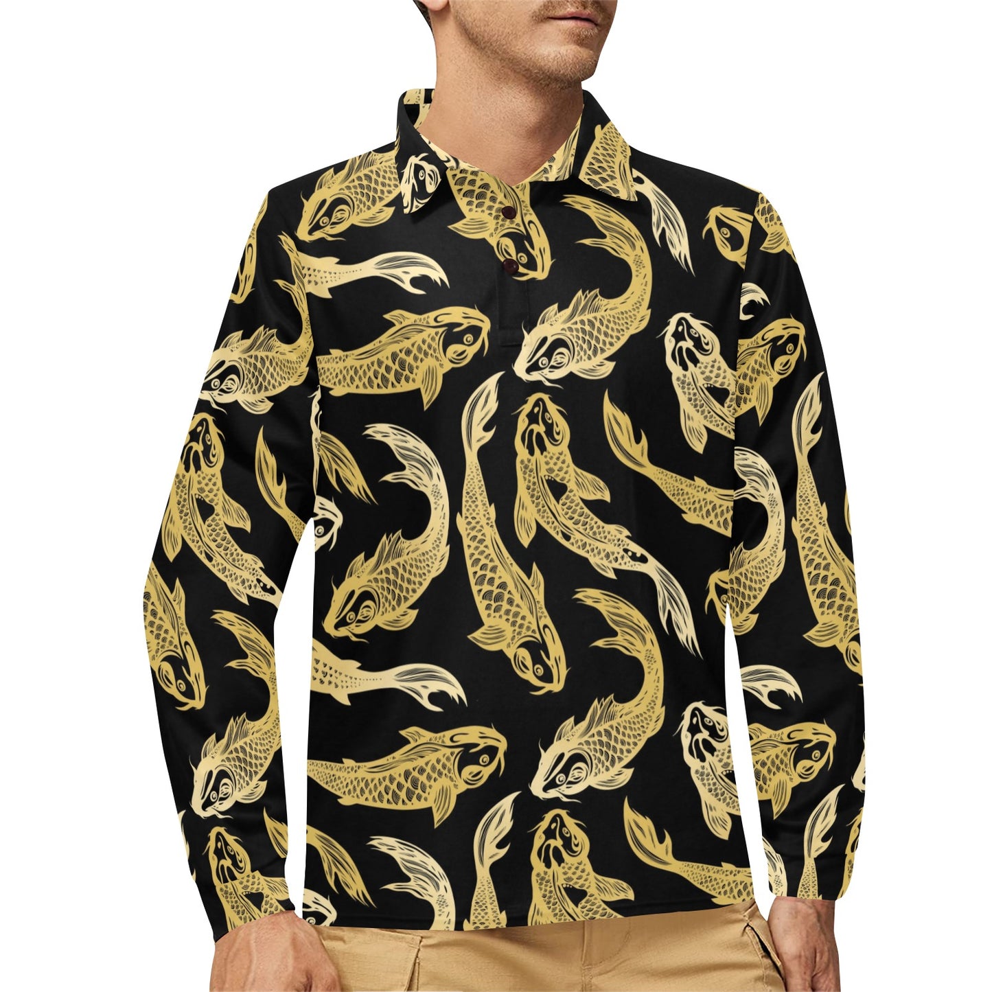 KOI Fish Pattern Print Design 03 Long Sleeve Polo Shirt For Men's
