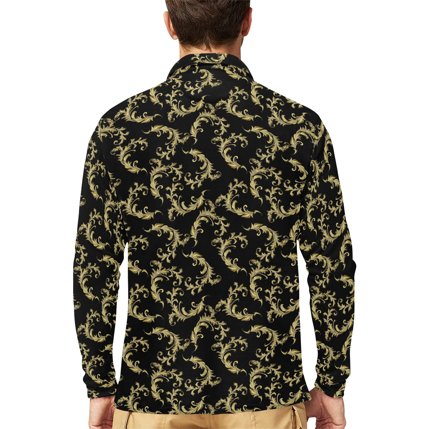 Baroque Golden Pattern Print Design 01 Long Sleeve Polo Shirt For Men's