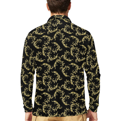 Baroque Golden Pattern Print Design 01 Long Sleeve Polo Shirt For Men's