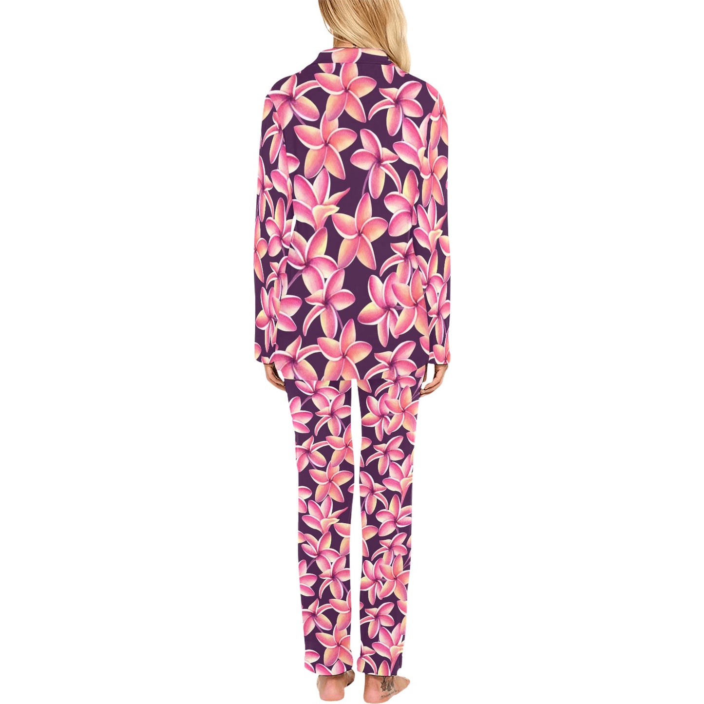 Purple Plumeria Pattern Print Design PM010 Women's Long Pajama Set