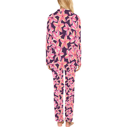 Purple Plumeria Pattern Print Design PM010 Women's Long Pajama Set