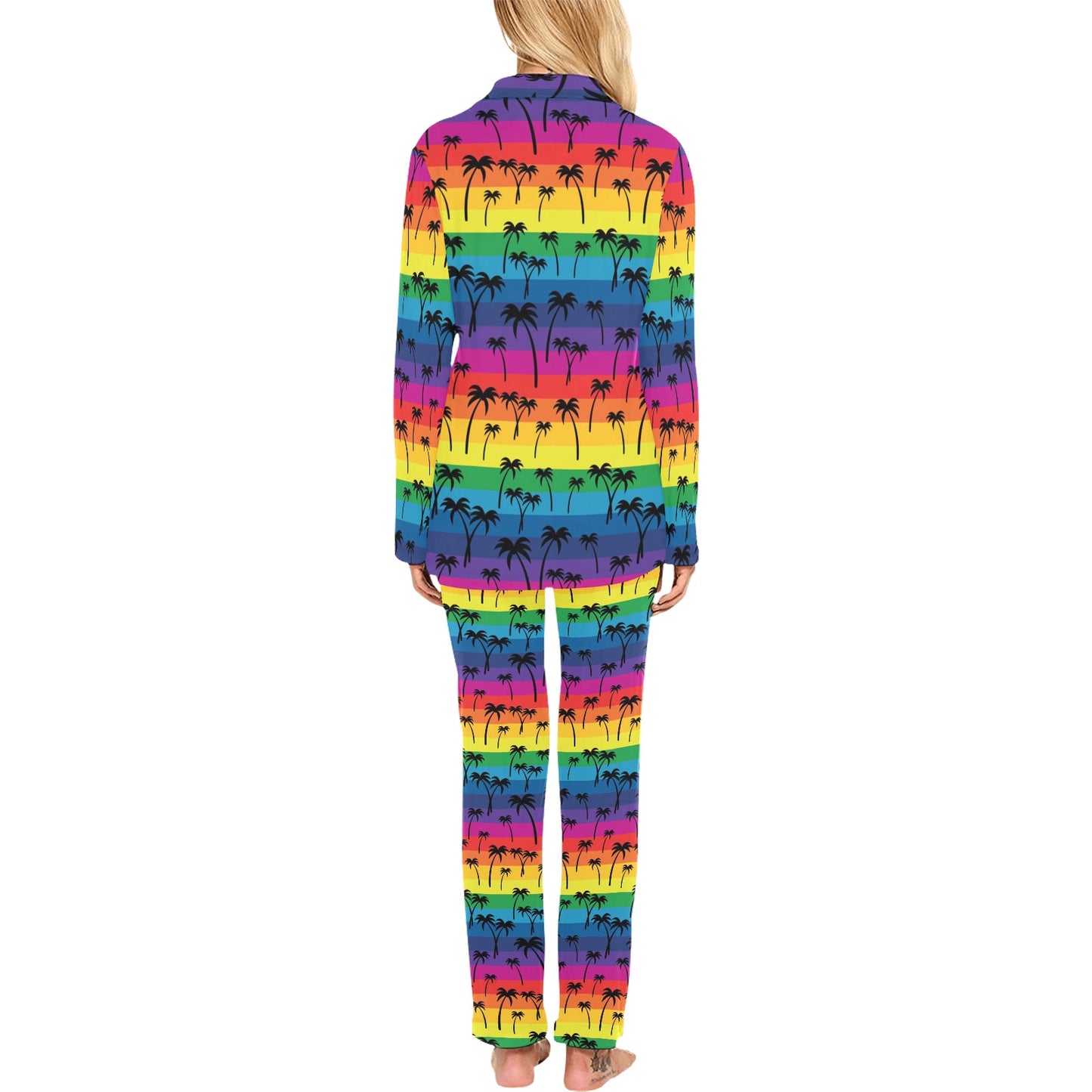 Palm Tree Rainbow Themed Print Women's Long Pajama Set
