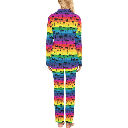 Palm Tree Rainbow Themed Print Women's Long Pajama Set