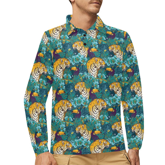 Tiger Tropical Print Design LKS301 Long Sleeve Polo Shirt For Men's