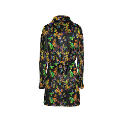 Butterfly Neon Color Print Pattern Women's Fleece Robe