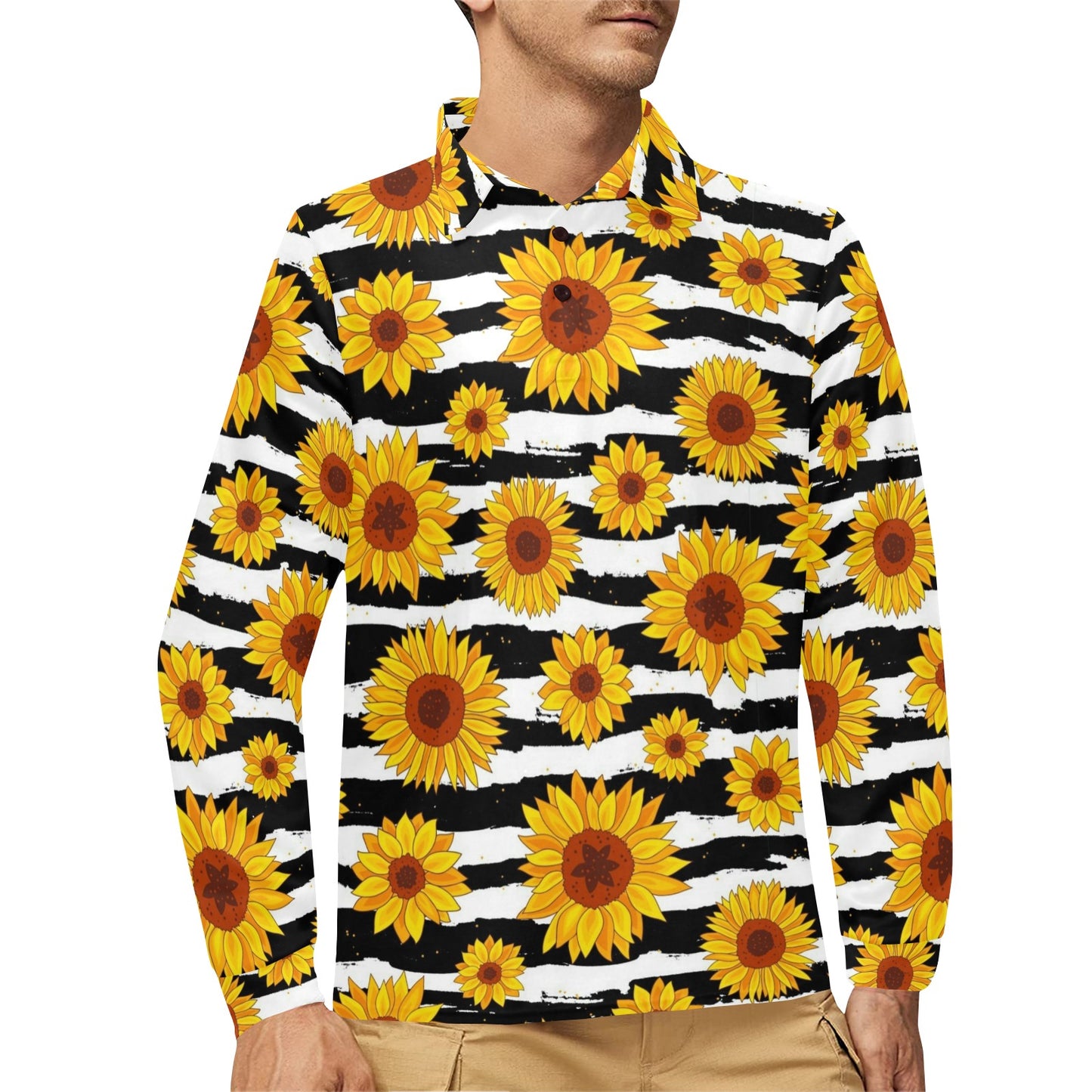 Sunflower Pattern Print Design SF010 Long Sleeve Polo Shirt For Men's