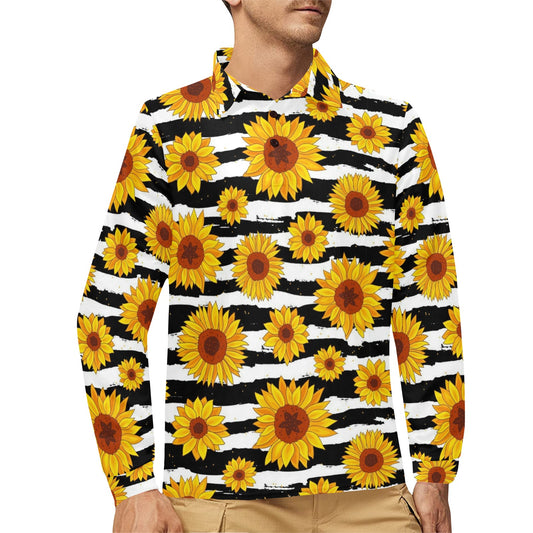 Sunflower Pattern Print Design SF010 Long Sleeve Polo Shirt For Men's