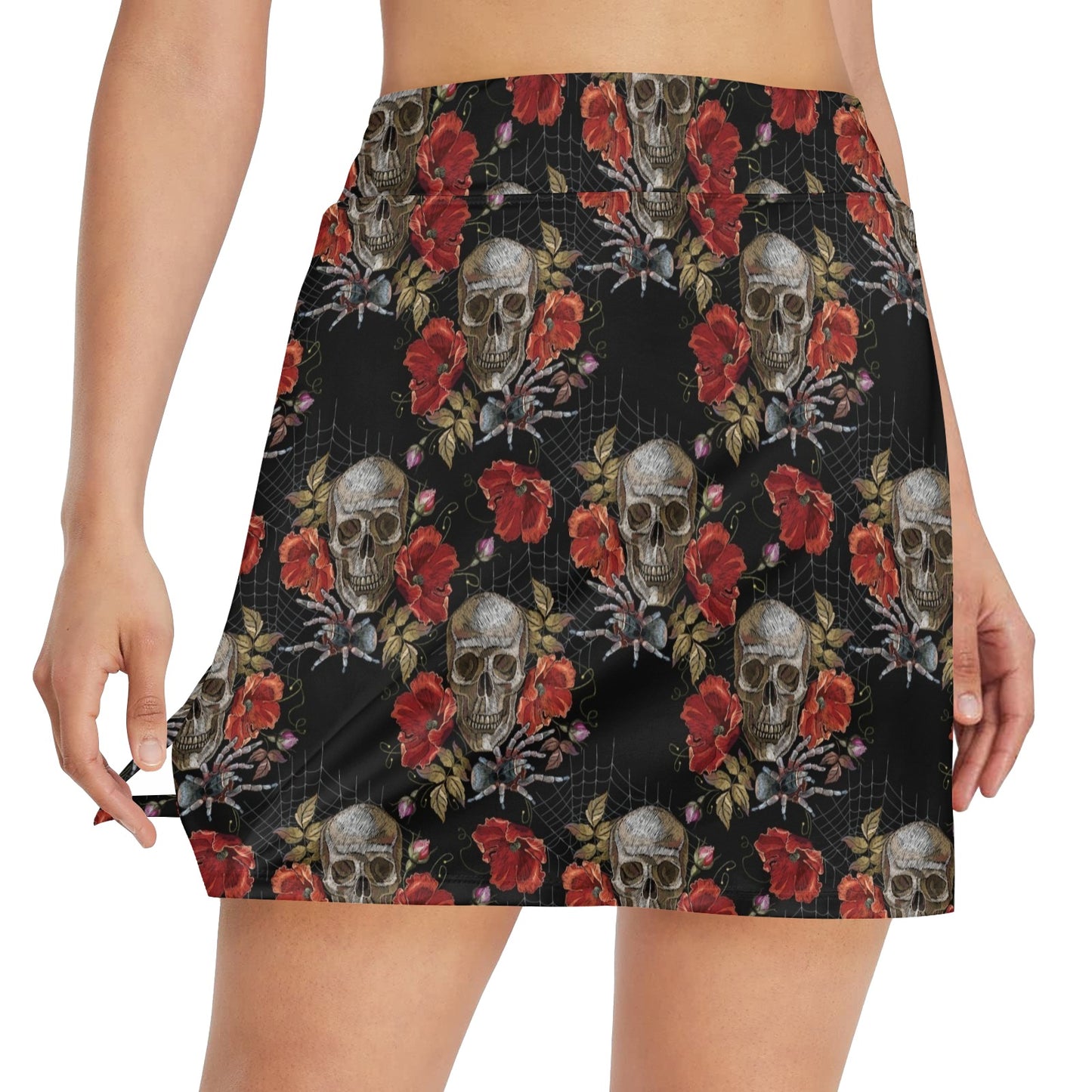 Spider Web Skull Rose Print Design LKS305 17" Golf & Pickleball Skort with Pockets