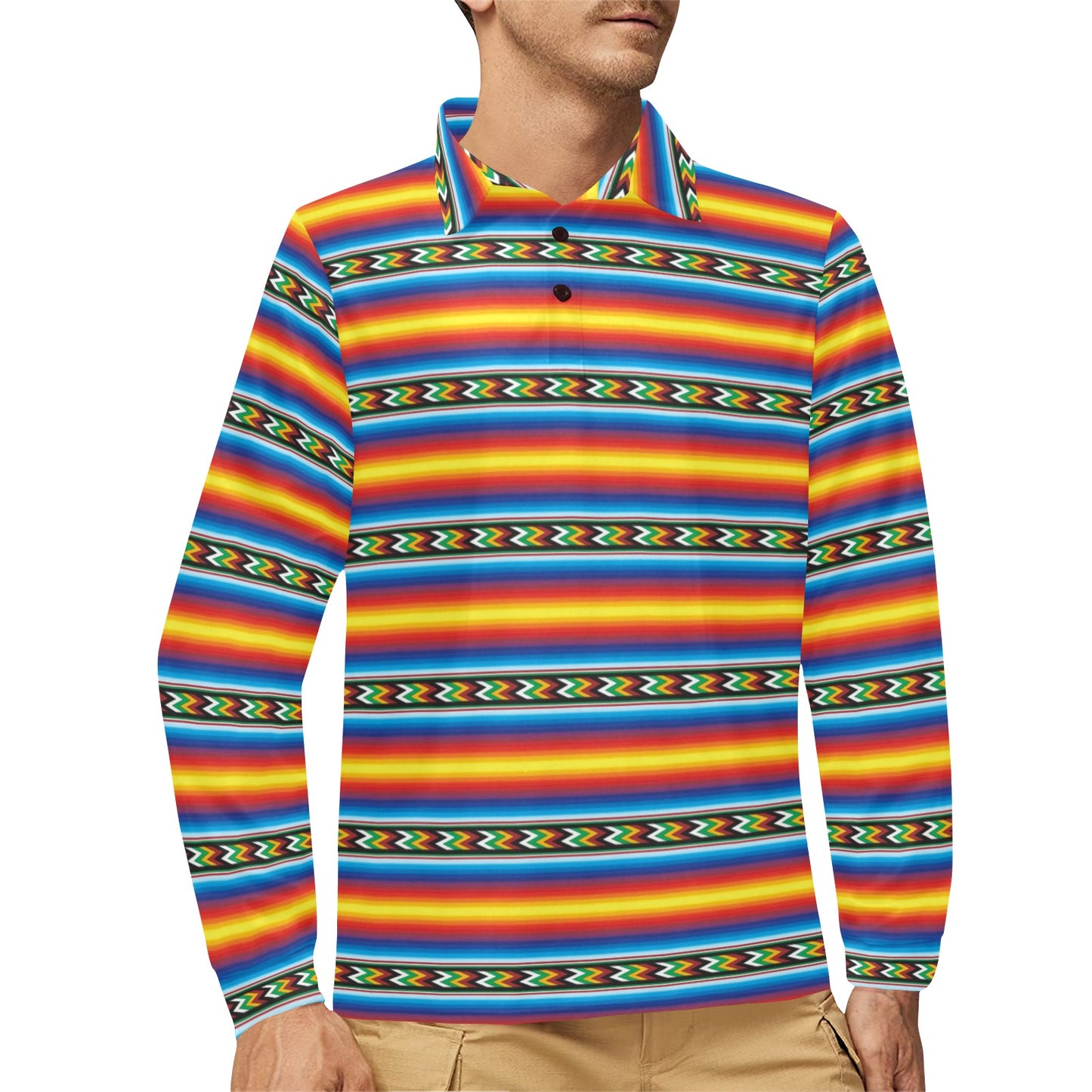 Mexican Blanket ZigZag Print Pattern Long Sleeve Polo Shirt For Men's