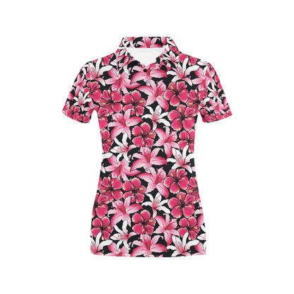 Flower Hawaiian Pink Red Hibiscus Print Women's Polo Shirt