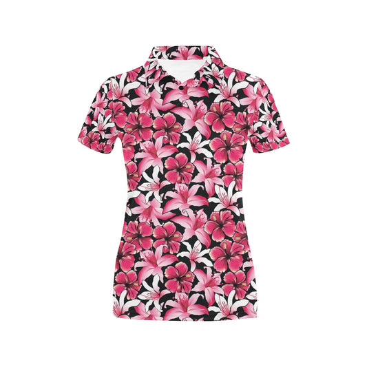 Flower Hawaiian Pink Red Hibiscus Print Women's Polo Shirt