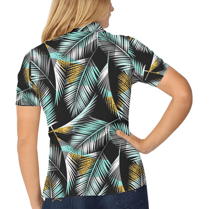 Gold Glitter Cyan Tropical Palm Leaves Women's Polo Shirt