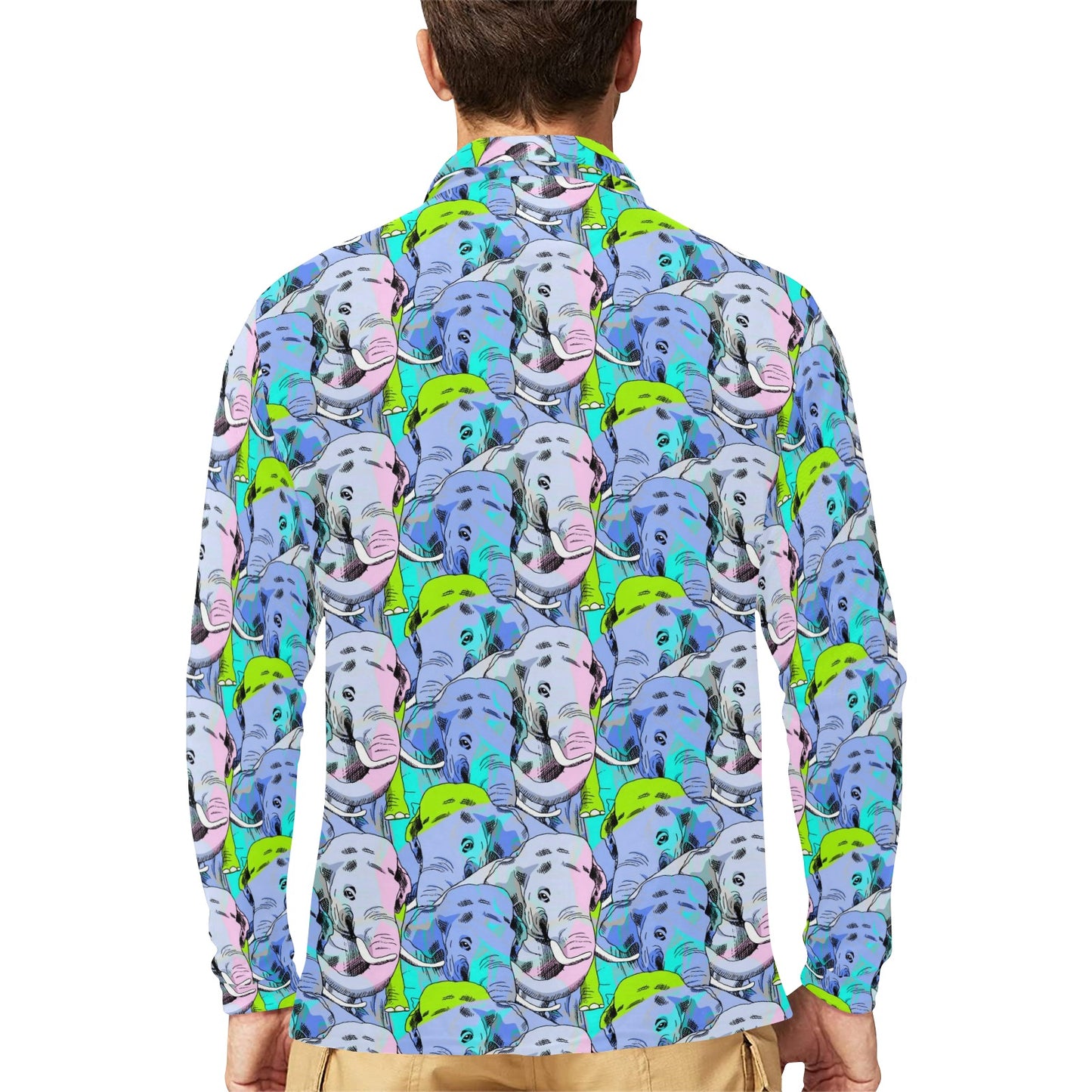 Elephant Art color Print Pattern Long Sleeve Polo Shirt For Men's