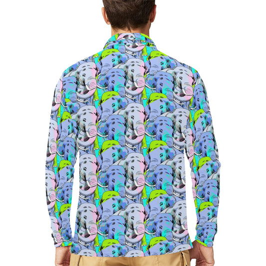 Elephant Art color Print Pattern Long Sleeve Polo Shirt For Men's