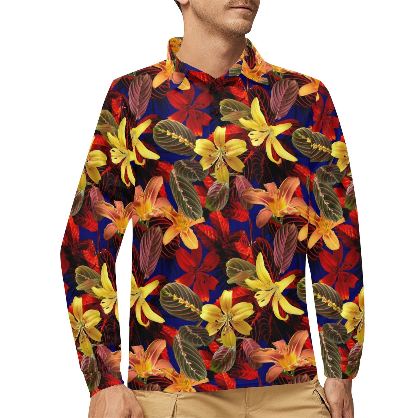 Lily Pattern Print Design LY014 Long Sleeve Polo Shirt For Men's