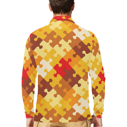 Puzzle Pattern Print Design A01 Long Sleeve Polo Shirt For Men's