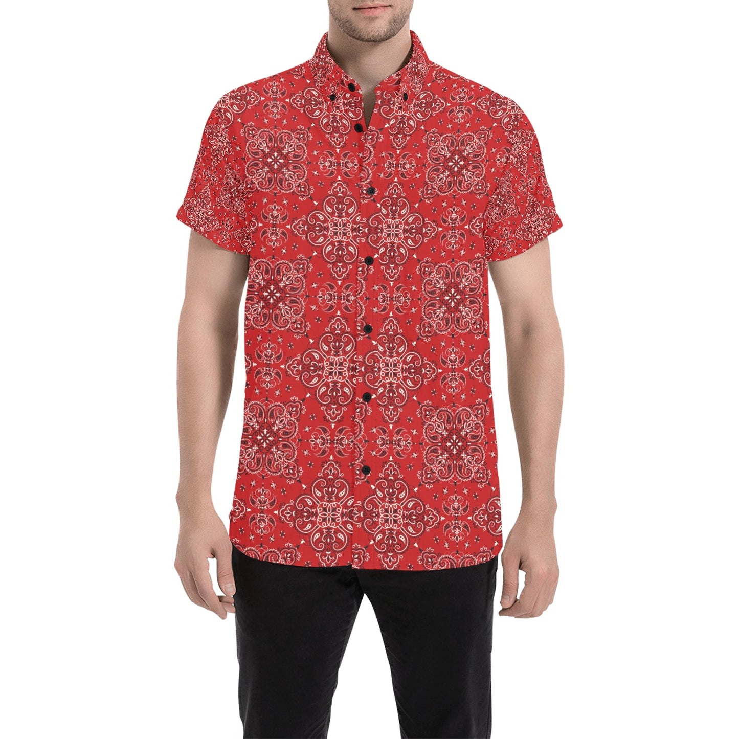 Bandana Red Pattern Print Design LKS3010 Men Short Sleeve Button Up Shirt