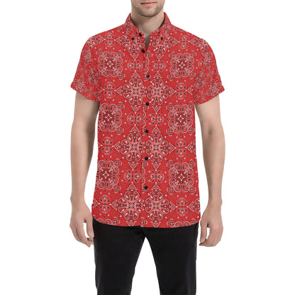 Bandana Red Pattern Print Design LKS3010 Men Short Sleeve Button Up Shirt
