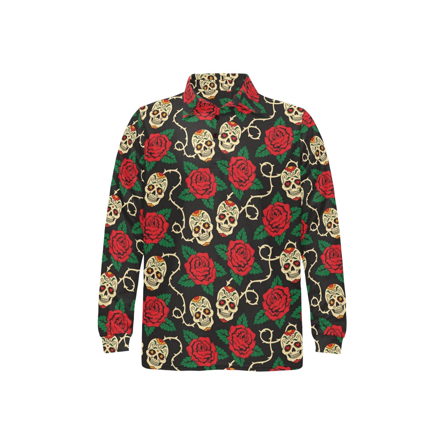 Sugar Skull Red Rose Print Design LKS301 Long Sleeve Polo Shirt For Men's