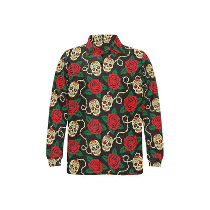 Sugar Skull Red Rose Print Design LKS301 Long Sleeve Polo Shirt For Men's