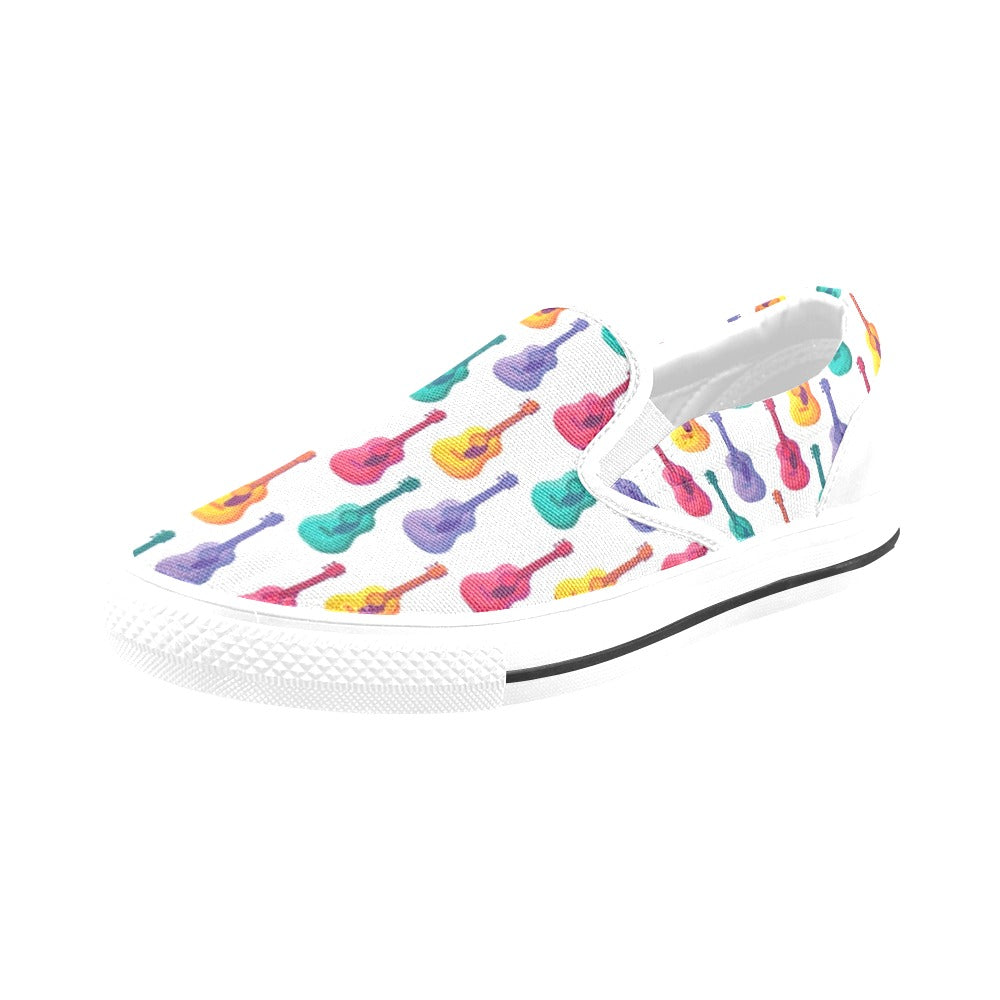 Acoustic Guitar Print Design LKS406 White Slip Ons Canvas Women's Shoes