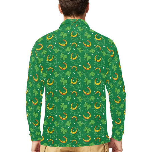 Shamrock With Horse Shoes Print Design LKS305 Long Sleeve Polo Shirt For Men's