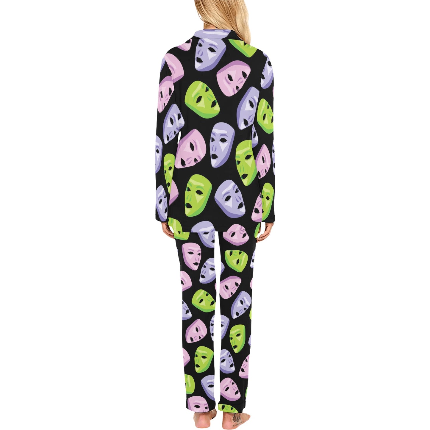 Acting Mask Pattern Print Design 04 Women's Long Pajama Set