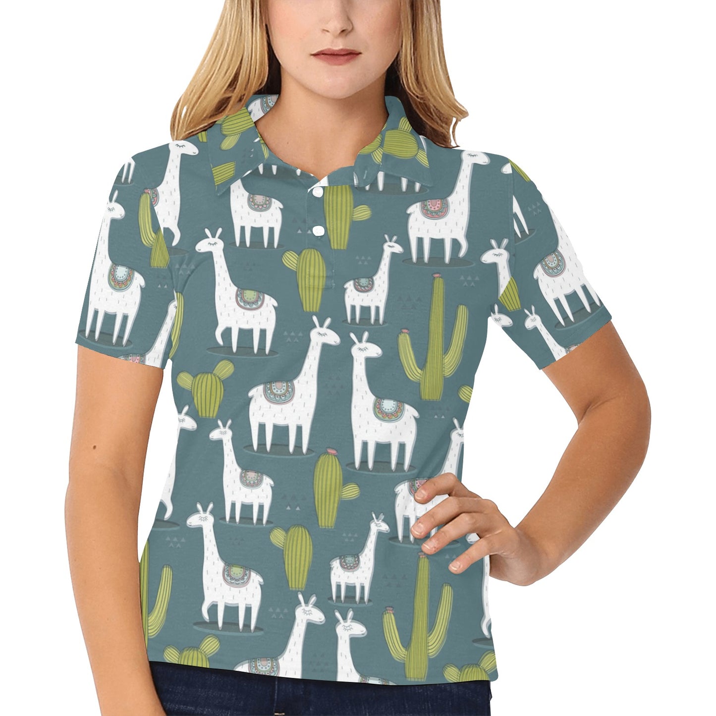 Llama Cactus Pattern Print Design 03 Women's Polo Shirt