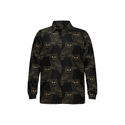Gold Owl Pattern Long Sleeve Polo Shirt For Men's