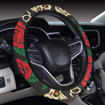 Sugar Skull Red Rose Print Design LKS301 Steering Wheel Cover with Elastic Edge