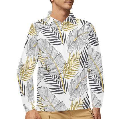 Gold Glitter Tropical Palm Leaves Long Sleeve Polo Shirt For Men's