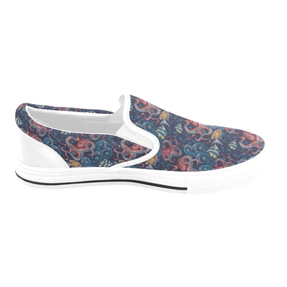 Underwater Giant Squid Print Design LKS302 White Slip Ons Canvas Women's Shoes
