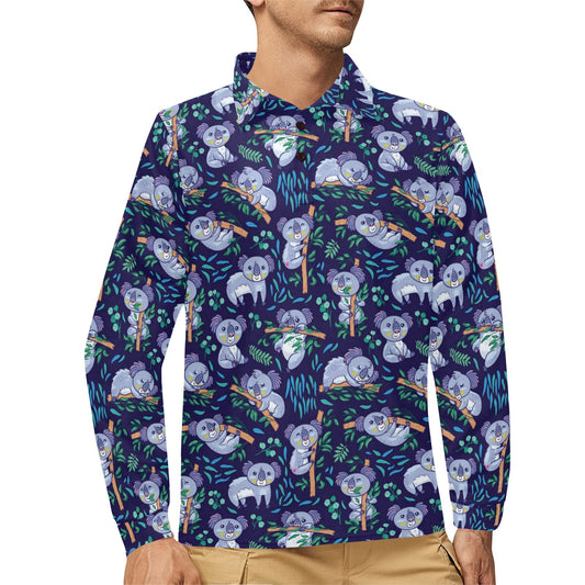 Koala Themed Design Print Long Sleeve Polo Shirt For Men's