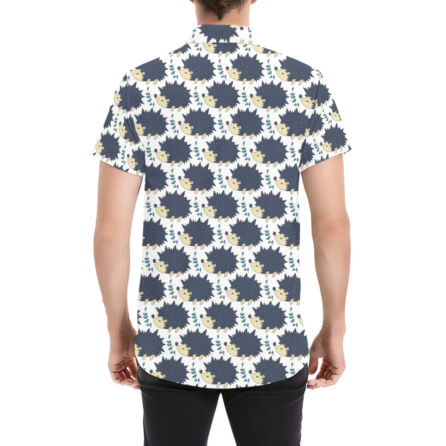 Hedgehog Print Design LKS401 Men Short Sleeve Button Up Shirt