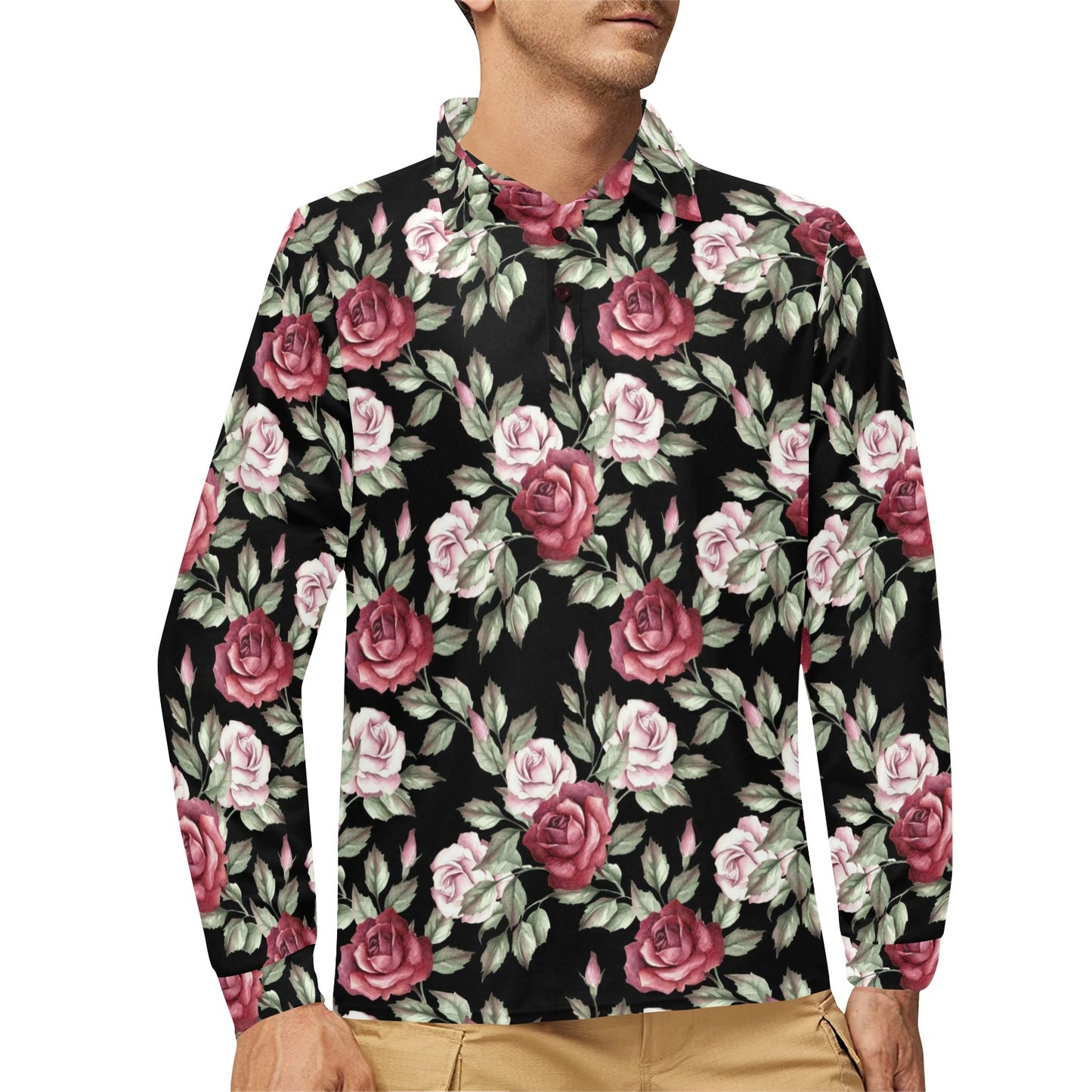 Rose Red Pink Pattern Print Design RO03 Long Sleeve Polo Shirt For Men's