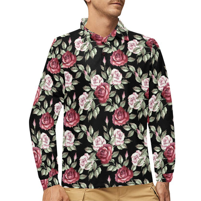 Rose Red Pink Pattern Print Design RO03 Long Sleeve Polo Shirt For Men's