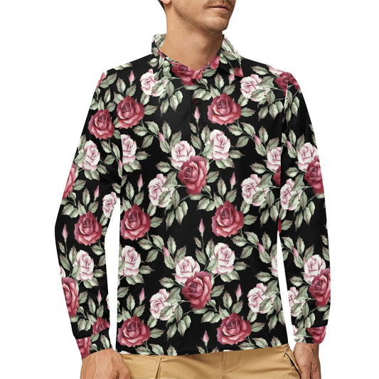 Rose Red Pink Pattern Print Design RO03 Long Sleeve Polo Shirt For Men's