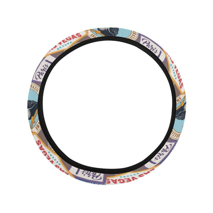 Travel Stamp Print Design LKS301 Steering Wheel Cover with Elastic Edge