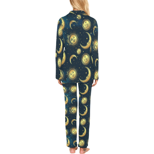 Gold Sun Moon Face Women's Long Pajama Set