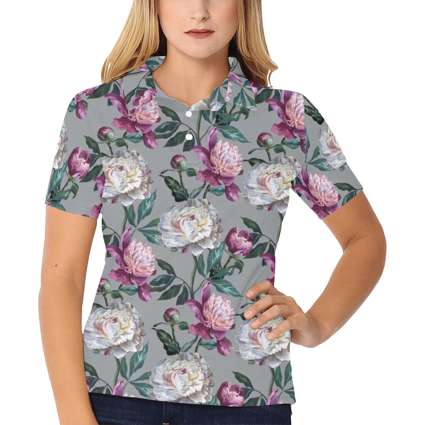 Peony Pattern Print Design PE01 Women's Polo Shirt