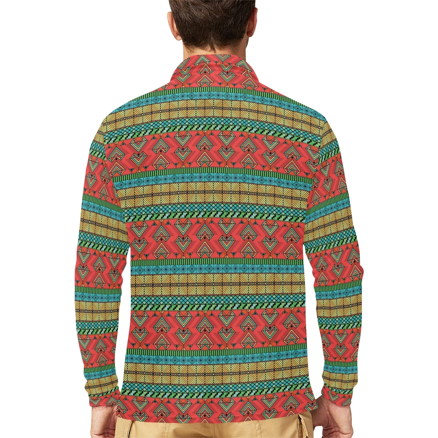 African Colorful Zigzag Print Pattern Long Sleeve Polo Shirt For Men's