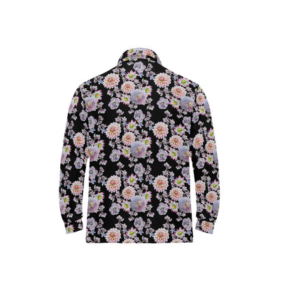 Dahlia Pattern Print Design DH012 Long Sleeve Polo Shirt For Men's
